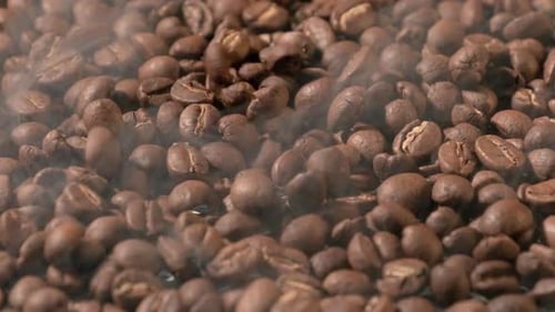 Slow motion of roasted coffee beans falling.