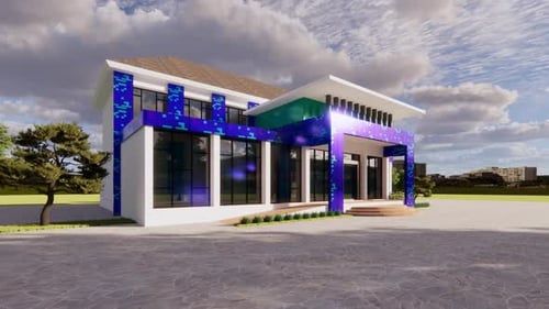 Edificio moderno con un diseño único pixelado en azul.
