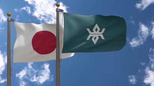 Japanese and Kagoshima Prefectural Flags Waving in Sky