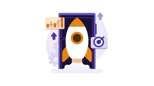 Business Growth Rocket Launch from Smartphone with Data Charts