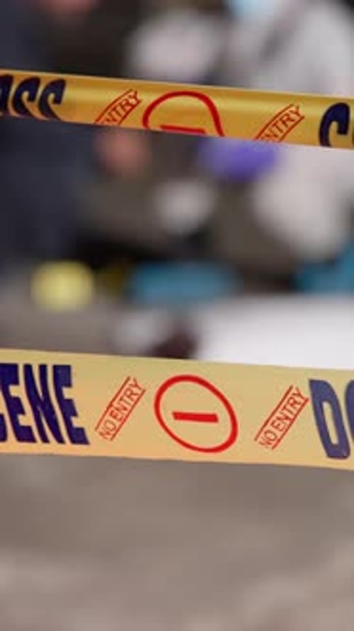 Forensic, yellow tape and crime scene on road, night and swab for medical research