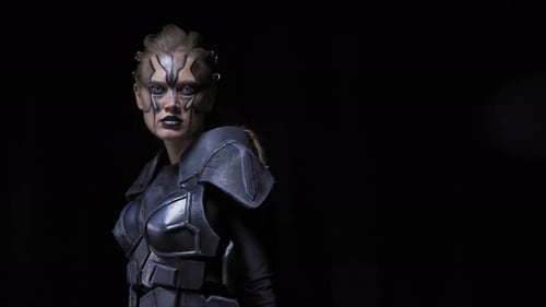 Scary futuristic alien in metal armor, with dreadlocks and white eyes, 4k