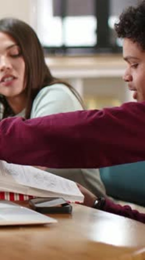 Vertical video: Reaching student in maroon top grabbing notebook and explaining to peer at library