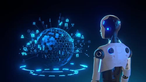 Robot Interacting with Futuristic Holographic Technology Globe