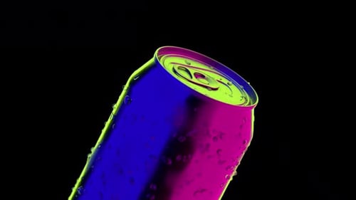 Neon Beverage Can with Water Droplets on Black Background