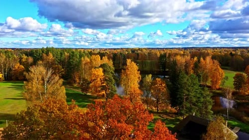 Expansive aerial landscape of forest, park and rivers weaving through colorful autumn scenery