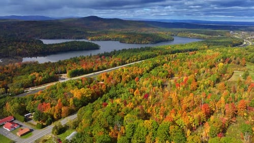 Vast colorful woods near the beautiful river. Overcast sky is above the scenery.