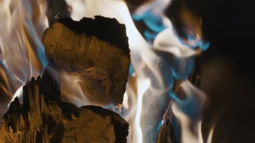 Nahaufnahme des mit Flammen brennenden Baumstamms in Zeitlupe während eines Lagerfeuers