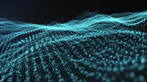 Moving waves of blue glowing dust particles. Abstract looped repeating pattern.