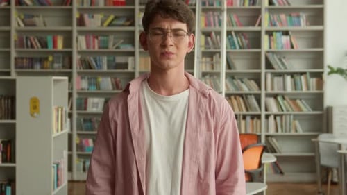 Caucasian Teen Boy Upset Dissatisfied Frown Student Guy Male Pupil Man Teenager in Glasses Showing