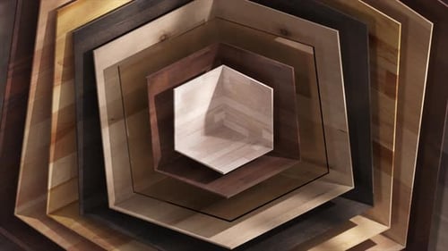 Los hexágonos de madera giran en un patrón hipnótico que crean un diseño concéntrico con texturas naturales y cálidas