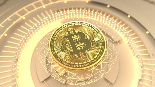 Golden Bitcoin rotating on bright financial technology charts