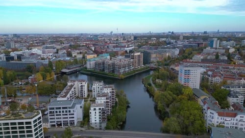 Berlin cityscape with Spree river buildings. Stunning aerial view flight drone