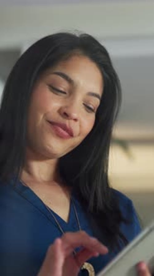 Smile, business and woman with tablet in office for proofreading, check facts and story submission