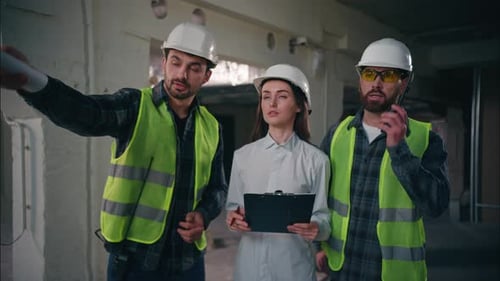 Tres hombres y mujeres constructores caucásicos hablan sobre la fabricación, construcción, construcción, trabajo en equipo, inspectores