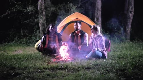 Happy diverse group of friends enjoying a summer night in the woods, talking and warming themselves