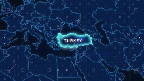 Digital World Map Zoom to Turkey with Futuristic HUD Elements