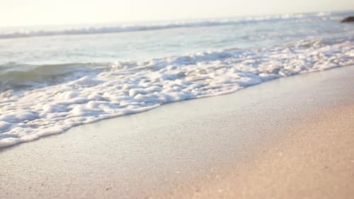 Foamy waves gently kiss the sandy beach, with sunlight reflecting off the water, with copy space
