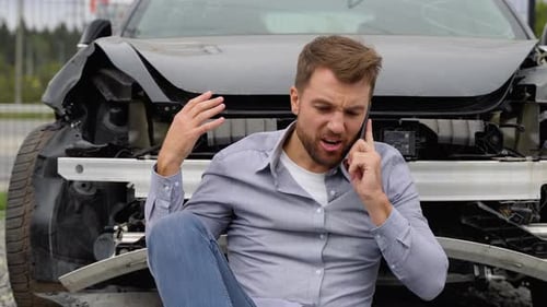 Man Talking Angrily on Phone After Car Crash