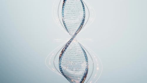 Structure d'ADN bleue transparente avec détails, rendu 3D.