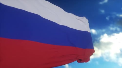 Realistic Russian Flag Waving Against Blue Sky