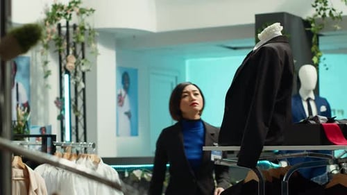 Fashion Boutique Employee Adjusting a Blazer in Store