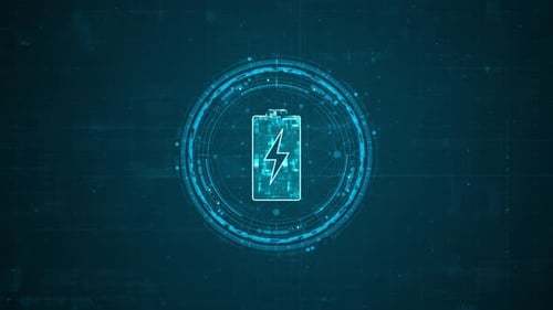Blue digital battery logo and circle futuristic HUD elements with flowing arrows