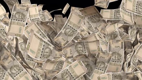 500 Rupees money transition. Cash rain. Alpha channel.