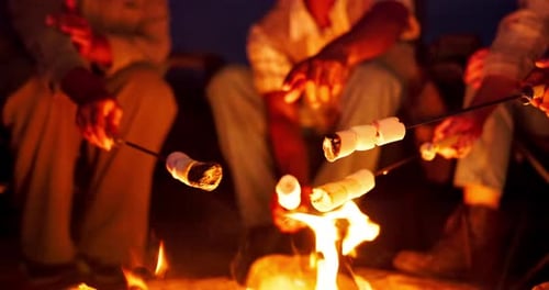 Friends Roasting Marshmallows at Night Campfire