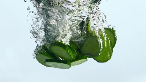 Fresh cucumber slices splashing into crystal clear water in super slow motion