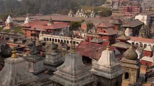 Elevated view of the the Bagmati River, surrounding buildings and Pashupatinath Temple, Kathmandu, N