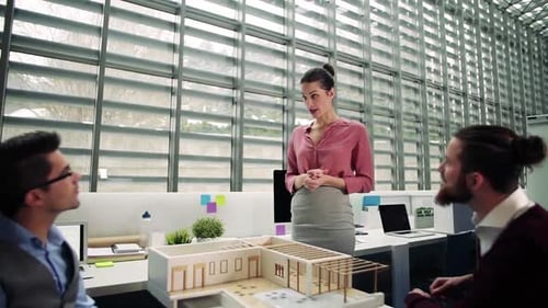 Group of Young Architects with Model of a House in Office, Talking