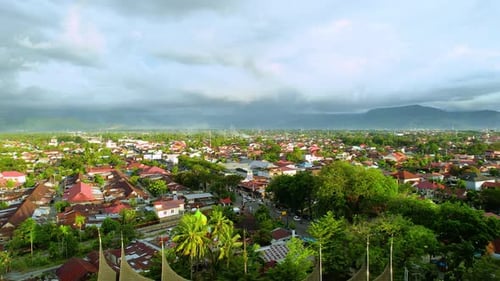 Aerial view of Terraced Green Rice Field in Bukittinggi, Sawah batipuh