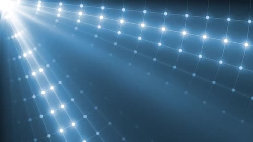 Dynamische Netzwerk-Bewegungsgrafiken mit leuchtenden Knoten und Lichtstrahlen