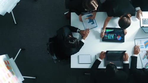 Top view of businesswoman bring statistic graph during meeting. Directorate.