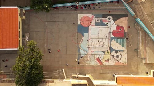 Children Playing Soccer at School in Cape Verde, Africa - Bird's Eye View