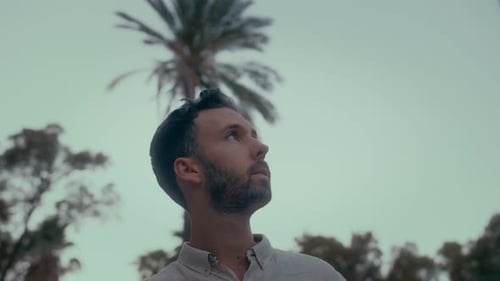 Handsome elegant man portrait looking to the sky with tropical street background