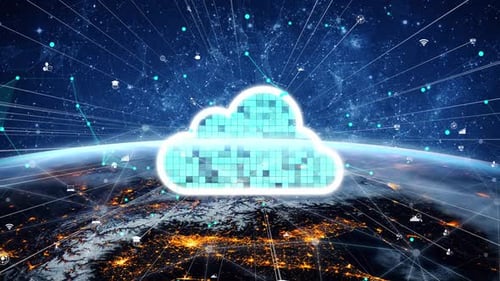 Futuristic Cloud Computing Illustration Over Earth with Digital Icons Representing Data, Technology,