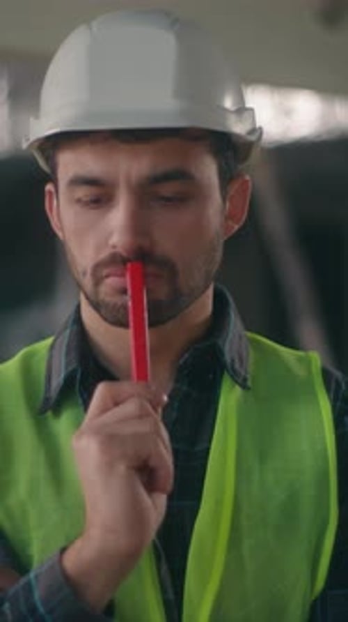 Thoughtful Pensive Caucasian Man Thinking Ponder Male Builder Engineer Guy Holding Marker to Face