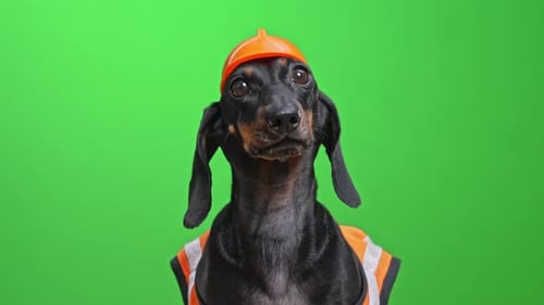 Playful dachshund puppy in orange cap posing on bright green background