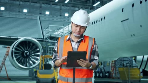 Asian Male Engineer Working On A Tablet While Aircraft Maintenance