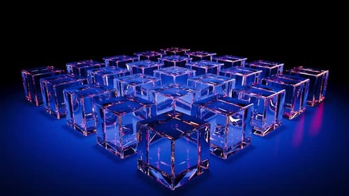 The movement of various colored geometric shapes in the shape of a cube