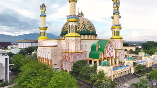 Aerial crane of Great Mosque in Mataram city. Lombok, Indonesian and Arabic design, architecture.