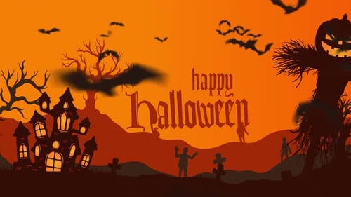 Spooky Halloween Night Scene With Bats and Text Reveal Animation