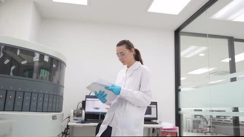 Young Woman Reads Lab Results by Scientific Equipment
