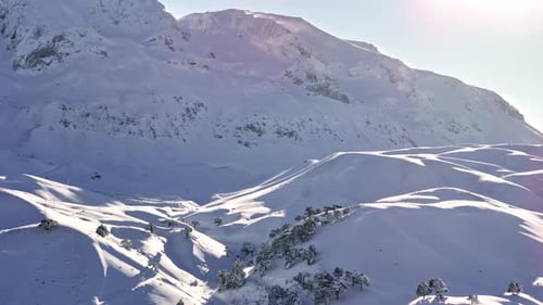 Aerial View of Snowy Mountain Landscape and Forest Under Winter Sunlight