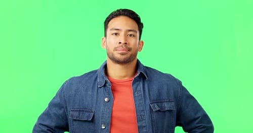 Man, doubt face and shaking head with green screen feeling upset and frustrated from problem