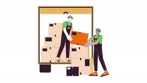 Movers Loading Boxes into Truck Flat Design Animation