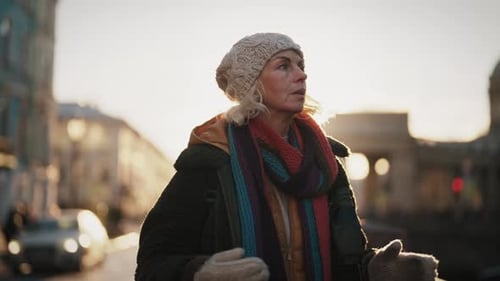 Frustrated Aged Woman Strolling Alone in City Center Loneliness in Crowd Depressed Mature Lady