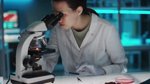 Female Scientist Looks Through Microscope in Laboratory